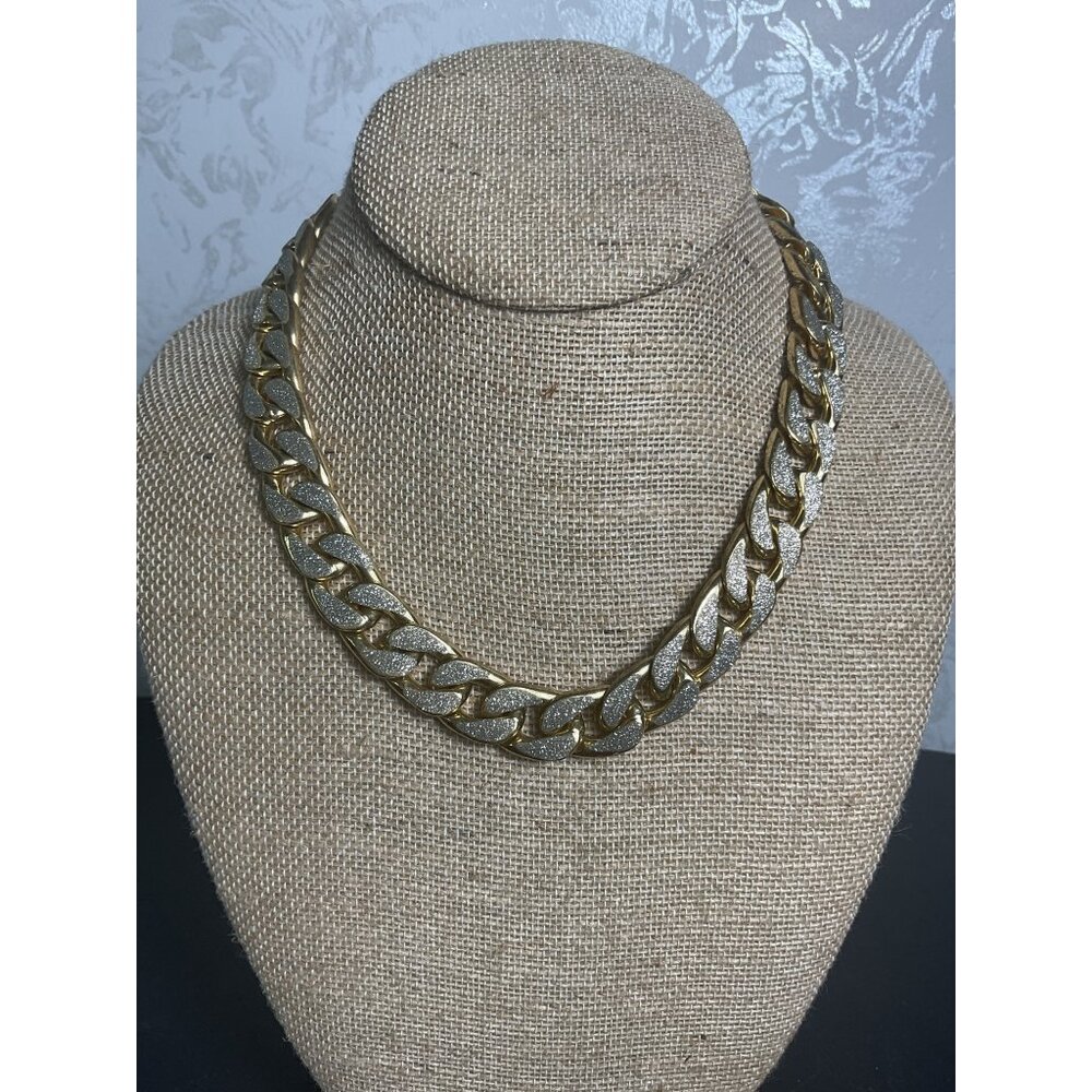Chunky Gold Tone Cuban Link Chain Necklace Glitter Accents Statement Jewelry